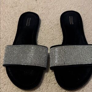 Victoria's Secret Black Slide Mules with Silver Rhinestone Band